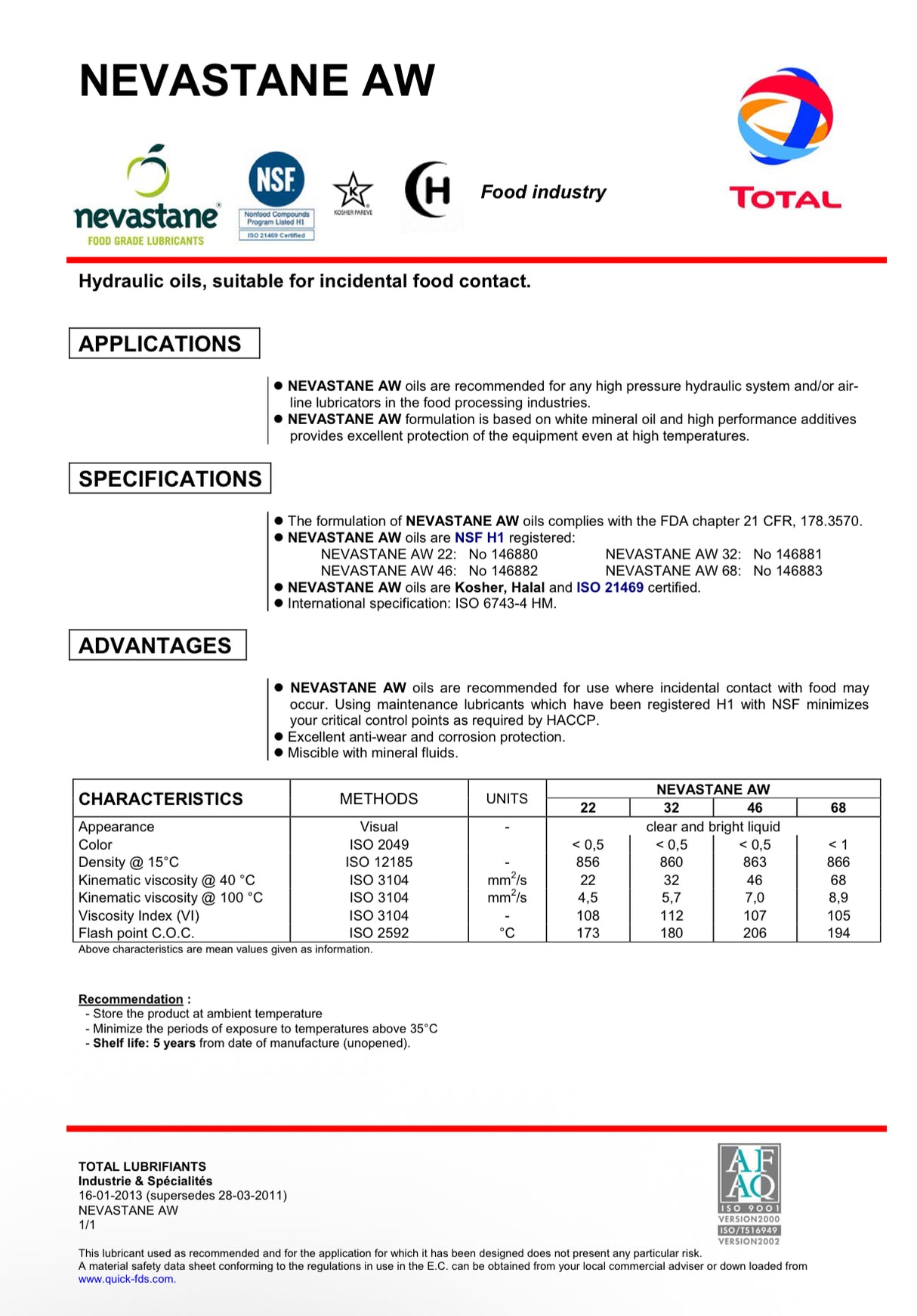 Total Energies, Nevastane AW 68, Food Grade, Hydraulic Oil, NSF H1, NSF 3H, Viscosity:ISO VG 68