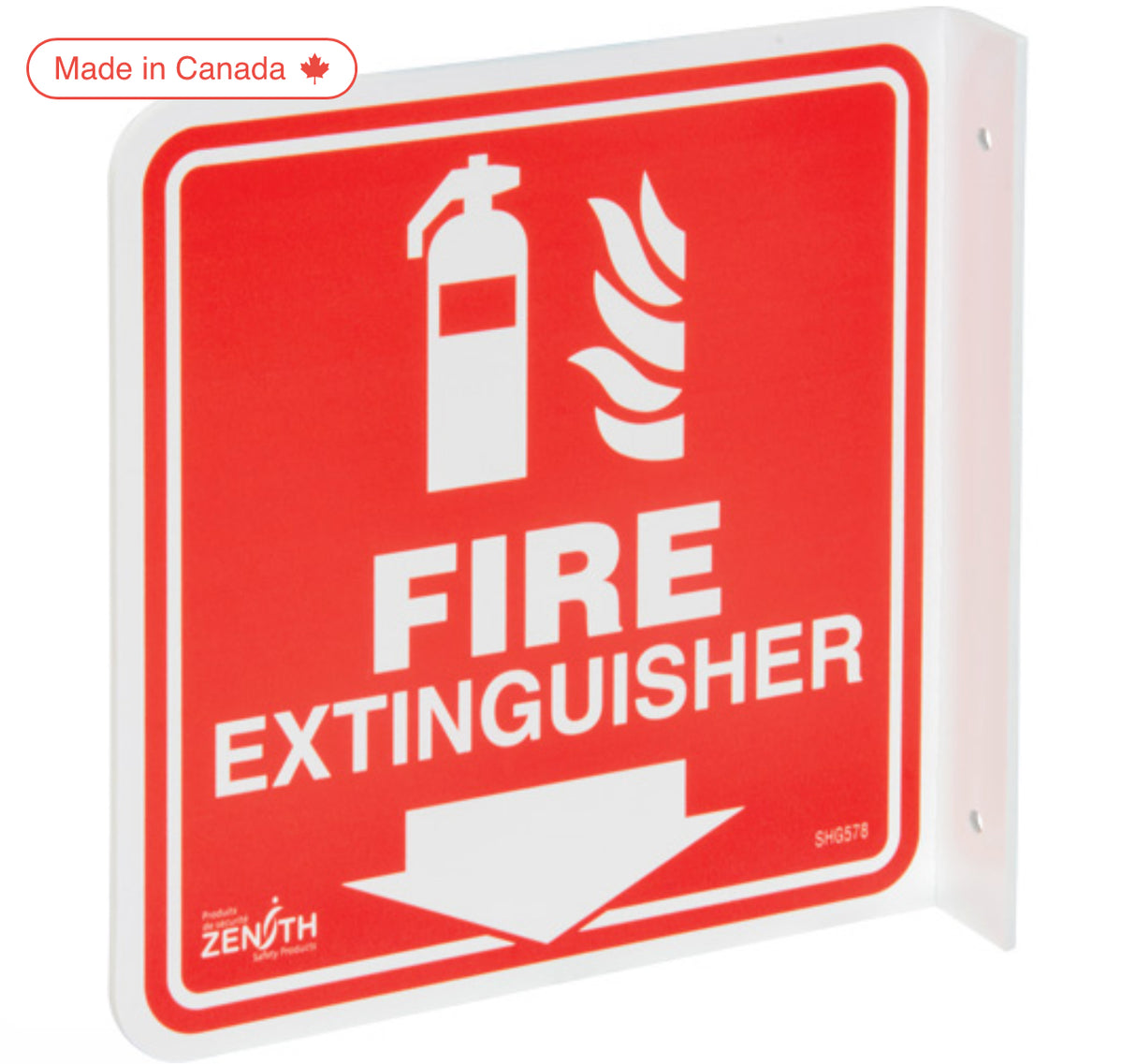 90° Projecting "Fire Extinguisher" Sign 8" x 8", Plastic, English with Pictogram