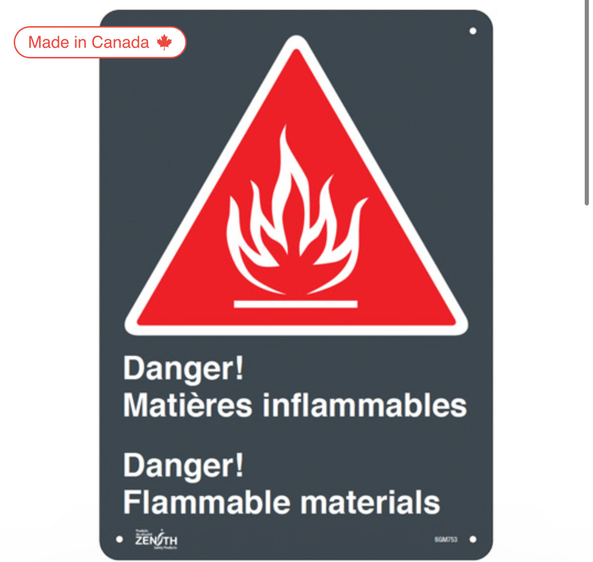 "Matières Inflammables/Flammable Materials" Sign , 14" x 10", Aluminum, Bilingual with Pictogram