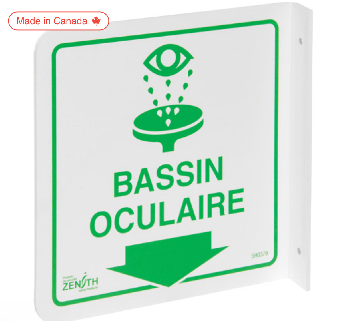 90° Projecting "Bassin Oculaire" Sign , 8" x 8", Plastic, French with Pictogram