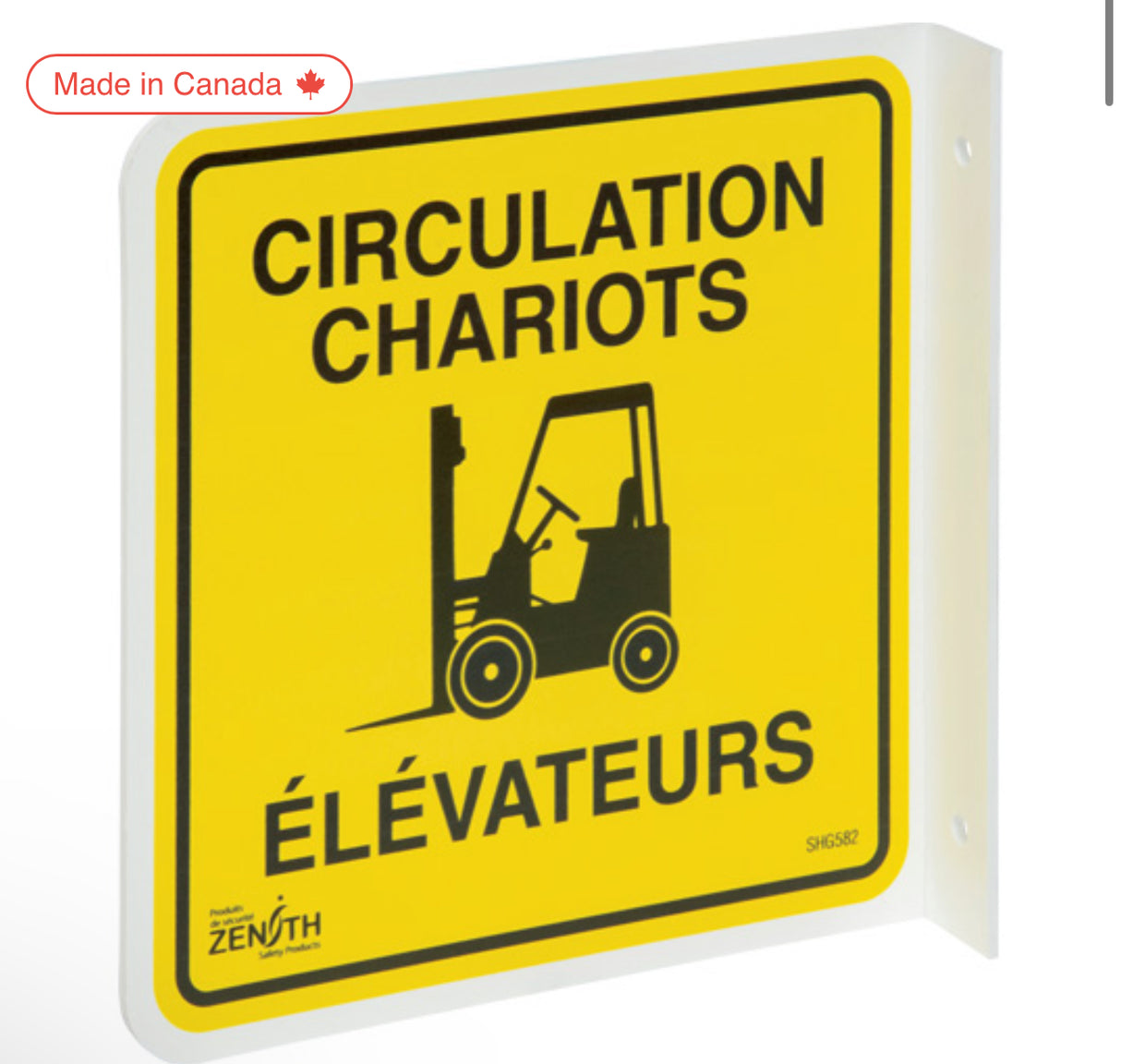 90° Projecting "Circulation Chariots Élévateurs" Sign, 8" x 8", Plastic, French with Pictogram