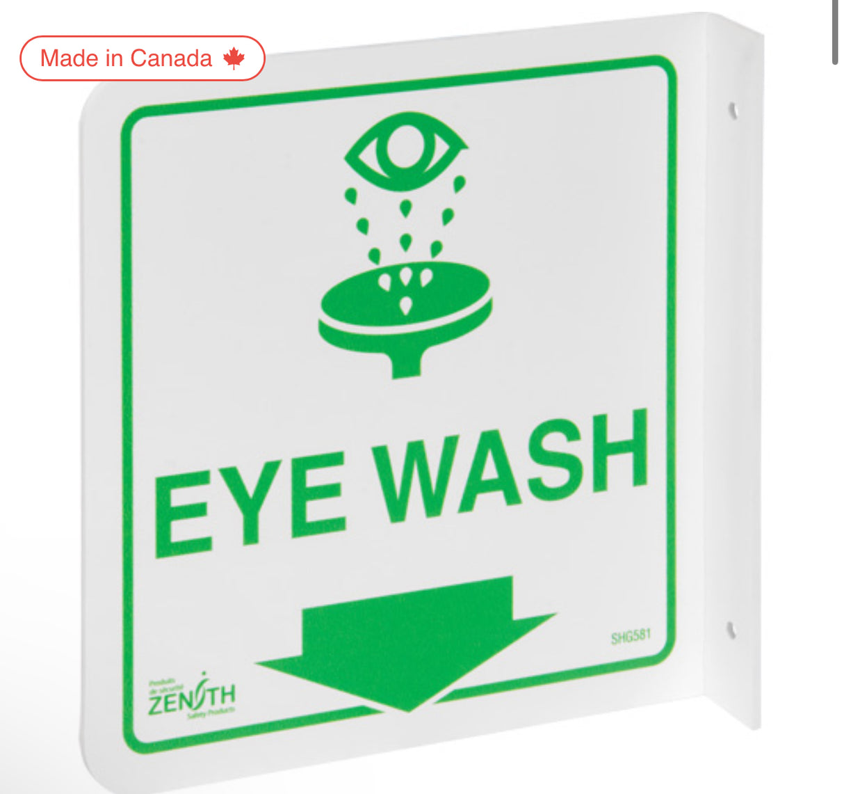 90° Projecting "Eye Wash" Sign 8" x 8", Plastic, English with Pictogram