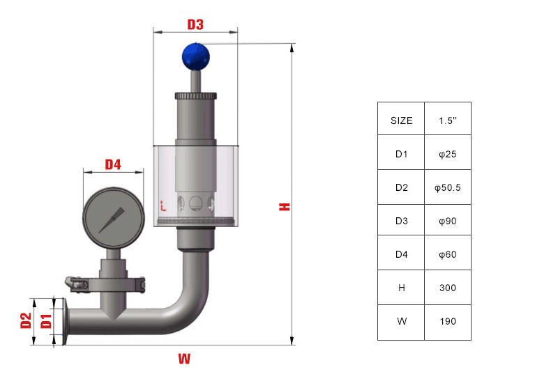 Sanitary Pressure Relief Valve 1.5'' Tri Clamp Spunding Valve with Pressure Guage, Fermenter Air Release Bunging Pressure Device Silver