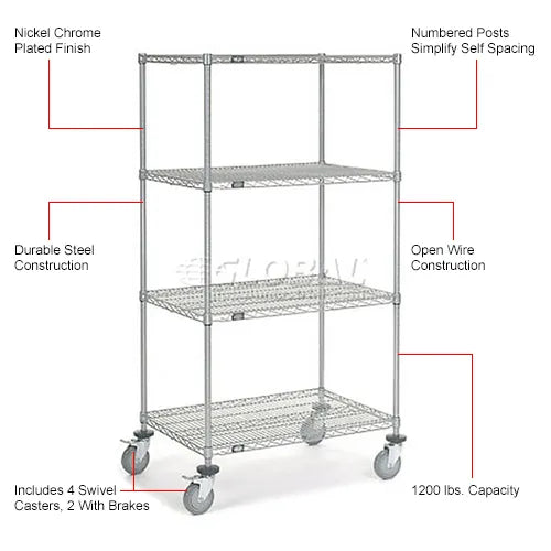 Nexel® Chrome Wire Linen Cart with Nylon Cover, 4 Shelves, 36"L x 24"W x 69"H