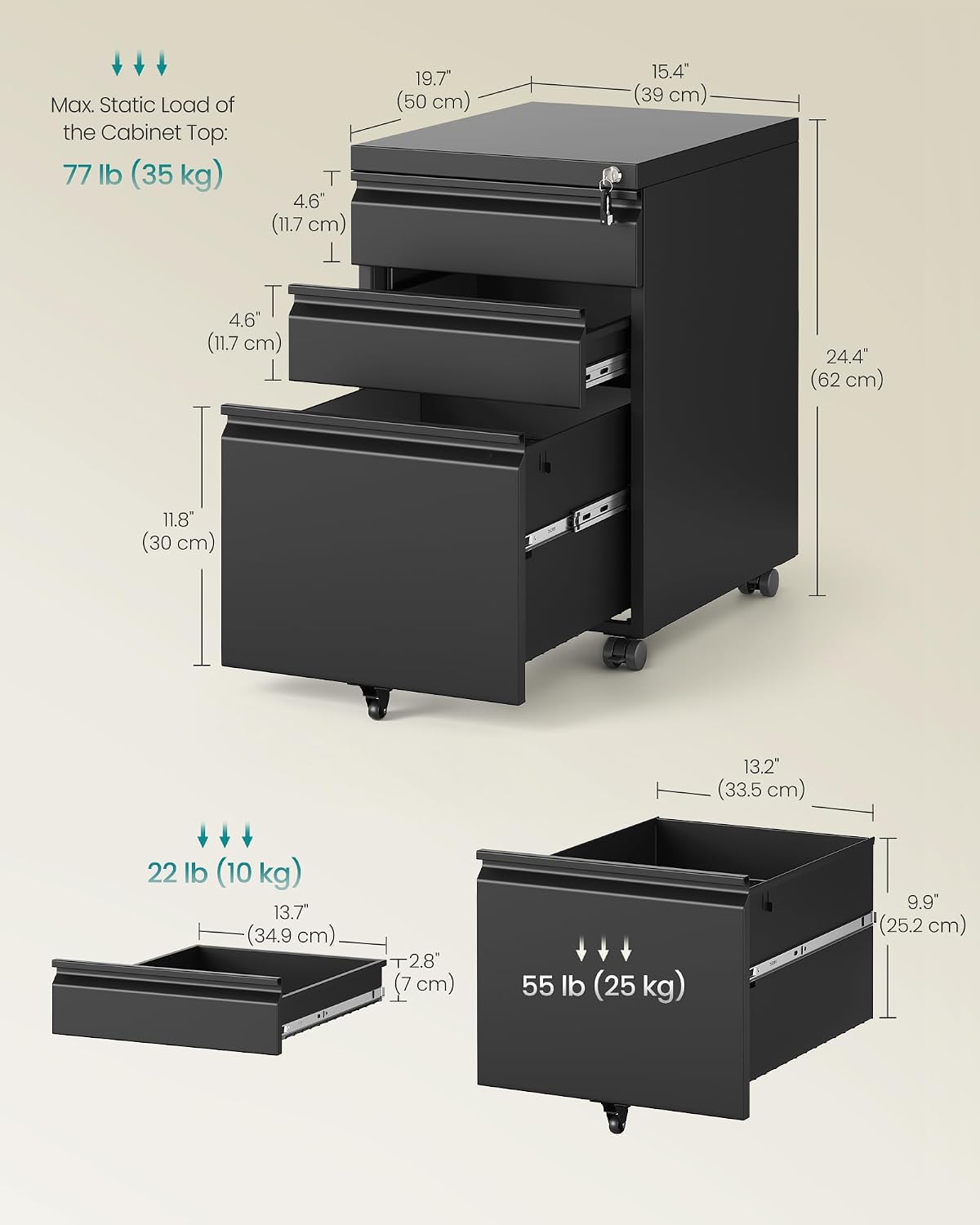 File Cabinet, 3 Drawers, 15.4''W x 19.7''D x 24.4''H, Black