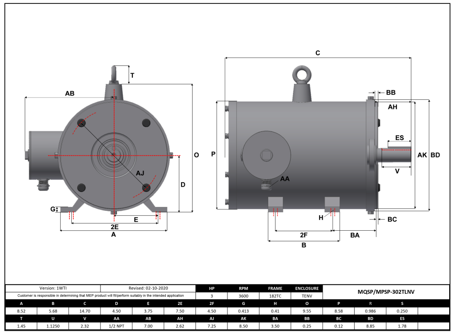 Max Motion MQSP-302TLNV | NEMA Motor 3HP, 3600RPM, 208-230/460V, Frame 182TC, TENV, Rigid Base