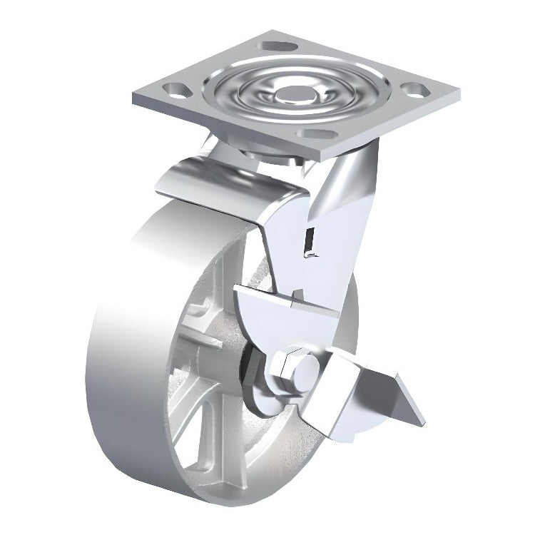 Cast Iron Silver Caster 8" x 2" Swivel Wheel Brake (WB) 1250 lbs Roller Bearing P21 Series