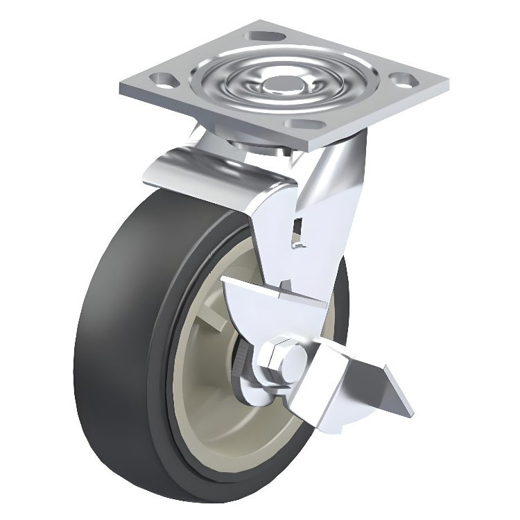 Polyurethane Grey Caster 4" x 2" Swivel Wheel Brake (WB) 600 lbs Delrin® Bearing P21X Series