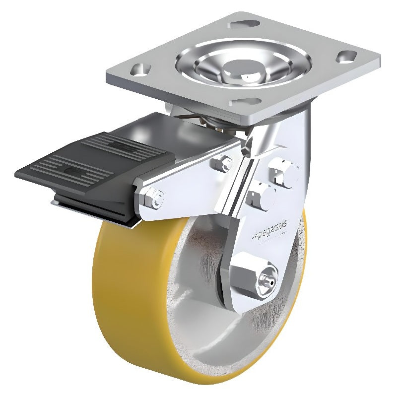 Polyurethane Yellow Caster 5" x 2" Swivel Total Lock Brake (TB) 840 lbs Roller Bearing P21 Series