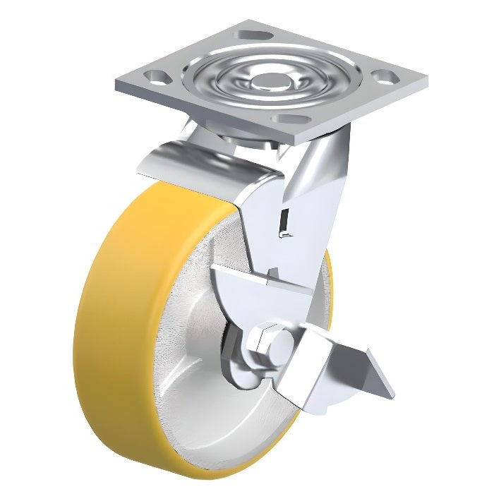 Polyurethane Yellow Caster 6" x 2" Swivel Wheel Brake (WB) 1200 lbs Roller Bearing P21 Series