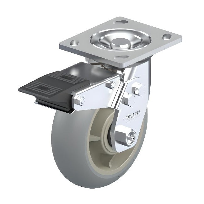 Round ElastiSoft Gray Caster 4" x 2" Swivel Total Lock Brake (TB) 300 lbs Roller Bearing P21 Series