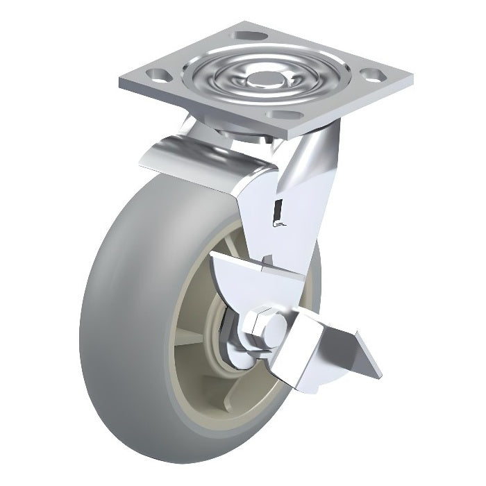 Round ElastiSoft Gray Caster 4" x 2" Swivel Wheel Brake (WB) 300 lbs Roller Bearing P21 Series