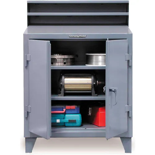 StrongHold Shop Desk, 2 Shelves, Pigeonhole Compartment Riser, 48"W x 28"D, Dark Gray