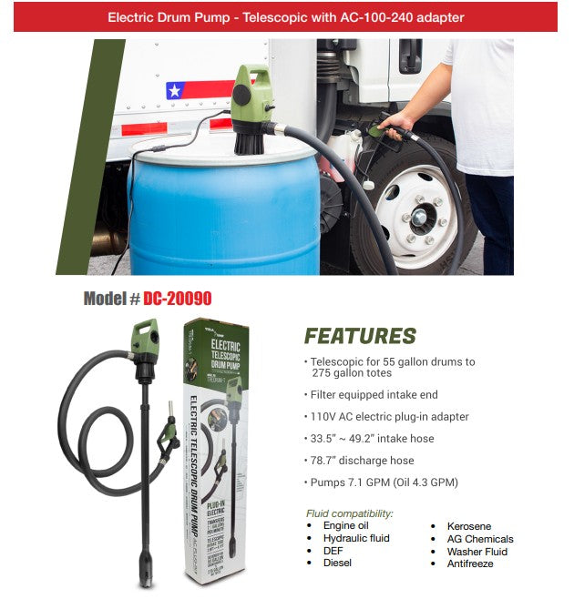 CANBUILT Electric Drum Pump – Telescopic w/AC-100-240 adapter DC-20090