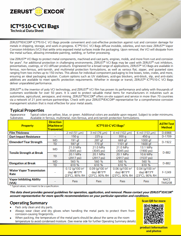 ZERUST ICT510-C VCI zipper bags for industrial metal rust and corrosion protection