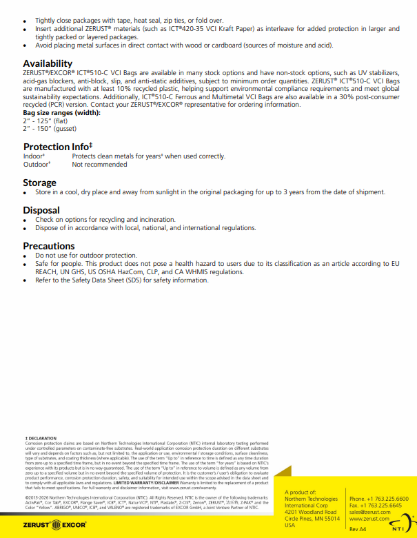ZERUST® ICT®510-C VCI Bags – Rust and Corrosion Protection -Flat - Yellow - Ferrous