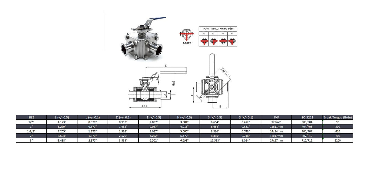 Tri-Clamp T-Port 3 Way Ball Valve - SS 316