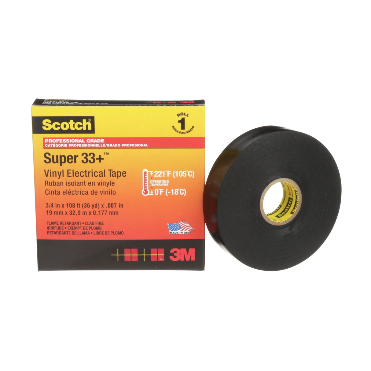 Scotch® Super 33+™ Vinyl Electrical Tape, 19 mm (3/4") x 33 m (108'), Black, 7 mils