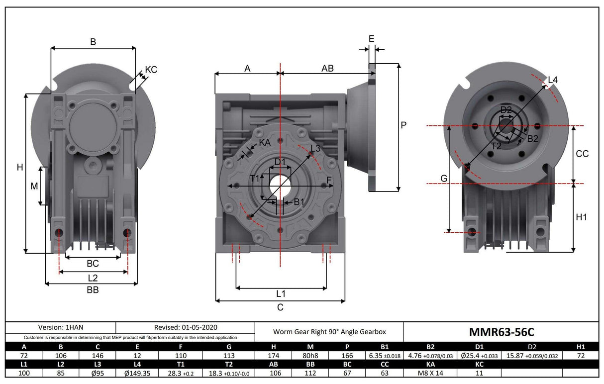 Max Motion MMR63-30-56C | Aluminum Gearbox 56C 30:1 Size 63 Output Bore 1"