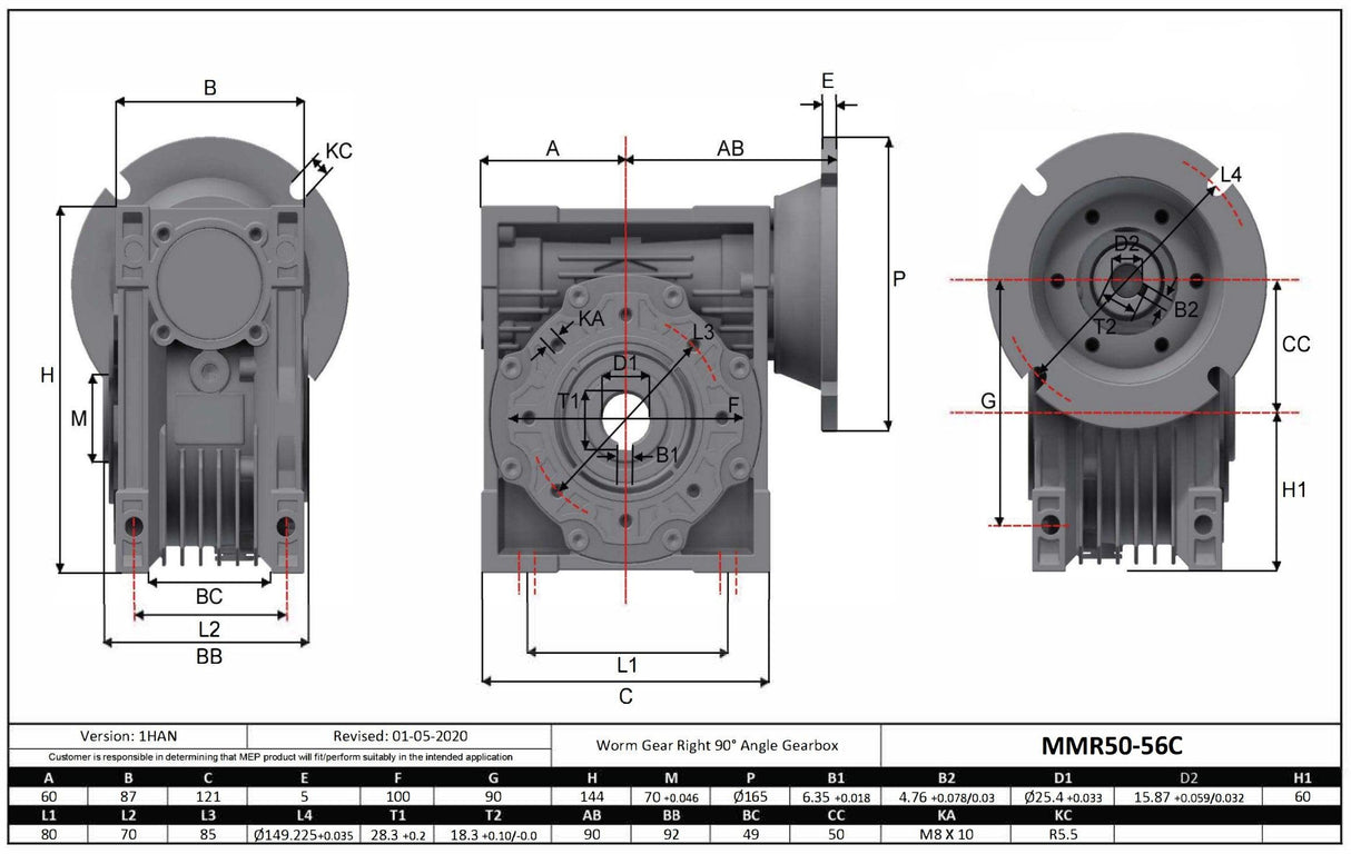 Max Motion MMR50-60-56C | Aluminum Gearbox 56C 60:1 Size 50 Output Bore 1"