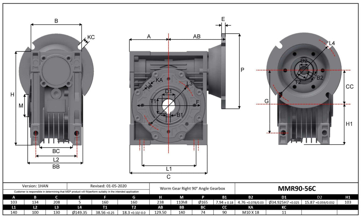 Max Motion MMR90-80-56C | Aluminum Gearbox 56C 80:1 Size 90 Output Bore 1.375"