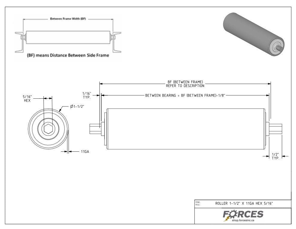 Conveyor Rollers 16-3/4" BF | 1.5" Dia. Hex Shaft 5/16" 11 Ga HRPO