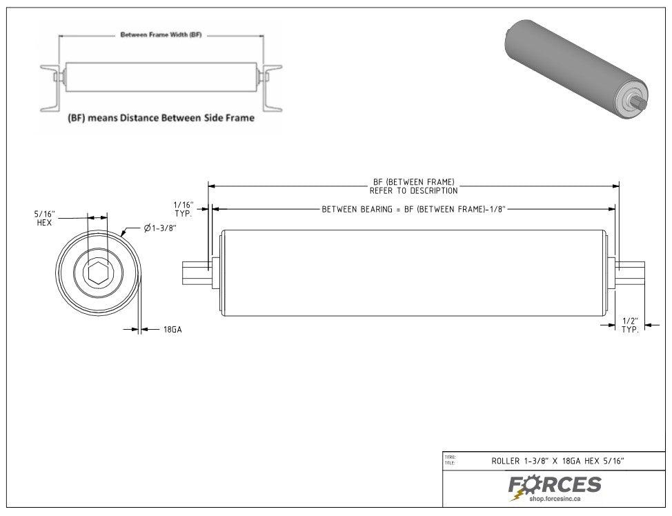 Conveyor Rollers 31-1/2" BF | 1.375'' Dia. Hex Shaft 5/16" 18 Ga Galvanized