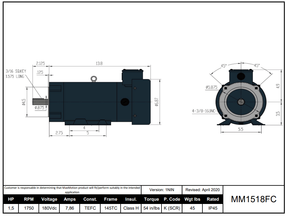 Max Motion MM1518FC | DC Motor 1.5HP, 1750RPM, 180V (DC), Frame 145T(C), TEFC