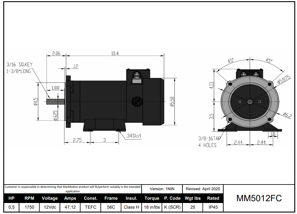 Max Motion MM5012FC | DC Motor 1/2HP, 1750RPM, 12V (DC), Frame 56C, TEFC