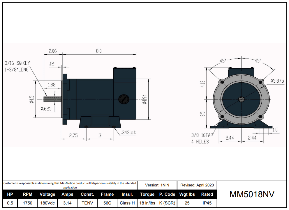Max Motion MM5018NV | DC Motor 1/2HP, 1750RPM, 180V (DC), Frame 56C, TENV
