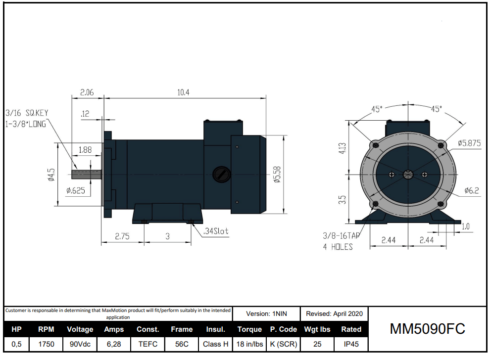 Max Motion MM5090FC | DC Motor 1/2HP, 1750RPM, 90V (DC), Frame 56C, TEFC