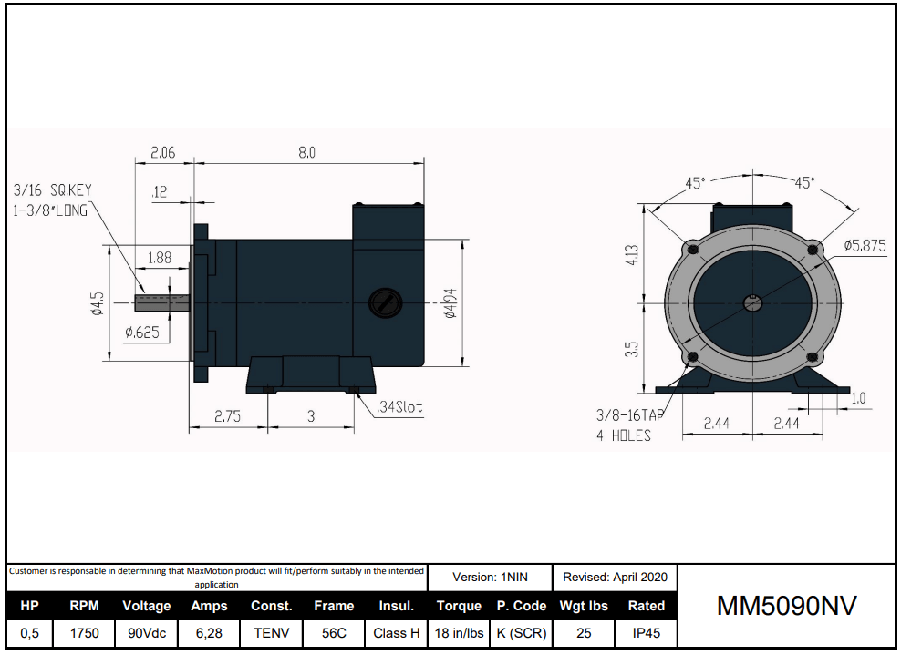 Max Motion MM5090NV | DC Motor 1/2HP, 1750RPM, 90V (DC), Frame 56C, TENV
