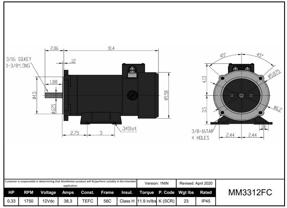 Max Motion MM3312FC | DC Motor 1/3HP, 1750RPM, 12V (DC), Frame 56C, TEFC