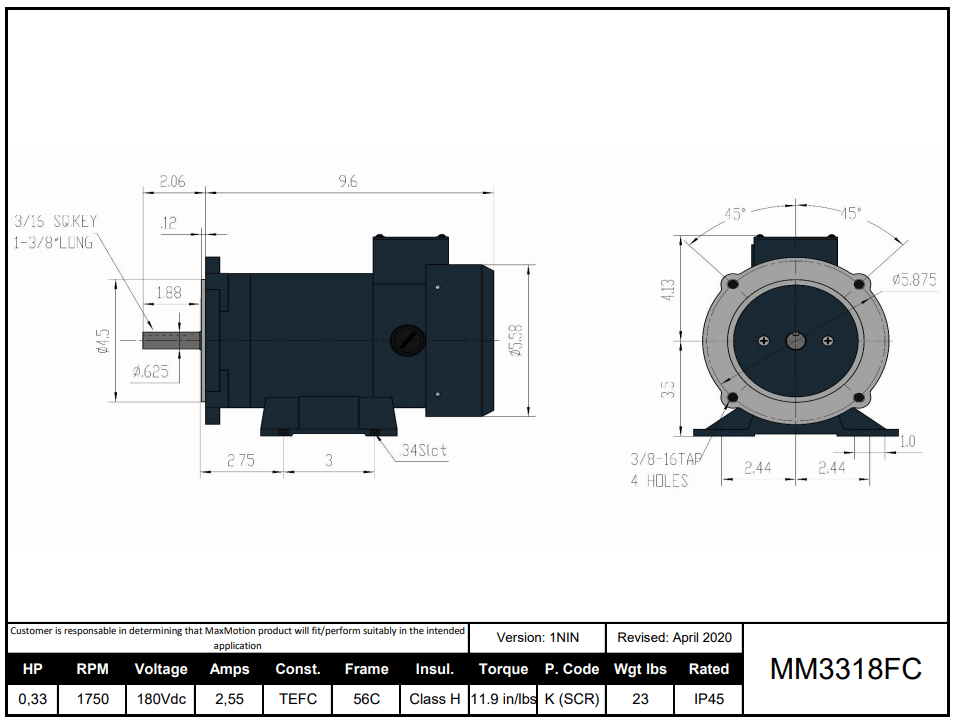 Max Motion MM3318FC | DC Motor 1/3HP, 1750RPM, 180V (DC), Frame 56C, TEFC