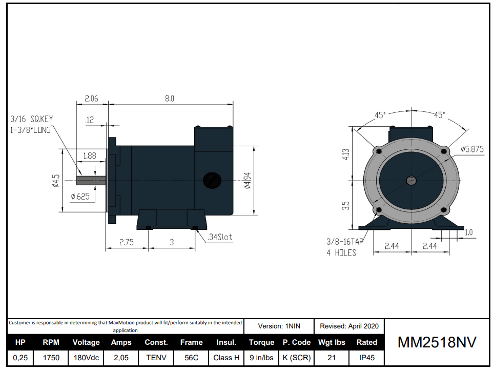 Max Motion MM2518NV | DC Motor 1/4HP, 1750RPM, 180V (DC), Frame 56C, TENV