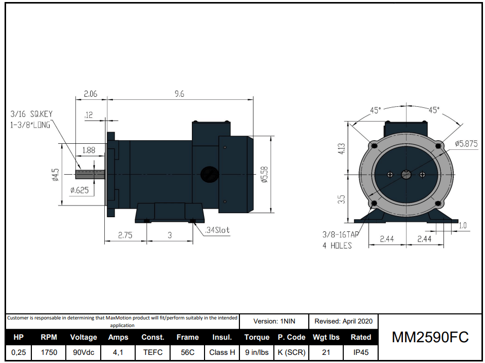 Max Motion MM2590FC | DC Motor 1/4HP, 1750RPM, 90V (DC), Frame 56C, TEFC