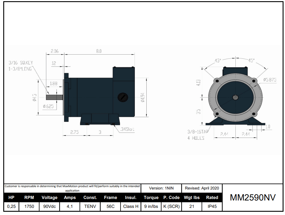 Max Motion MM2590NV | DC Motor 1/4HP, 1750RPM, 90V (DC), Frame 56C, TENV