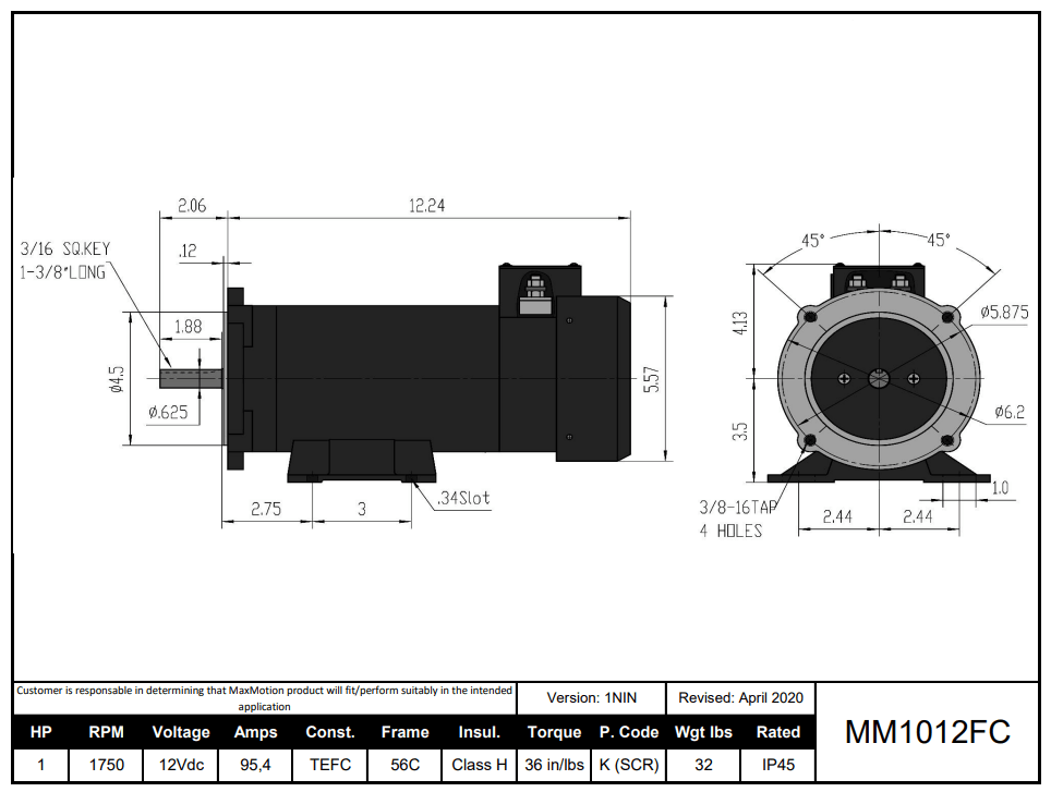 Max Motion MM1012FC | DC Motor 1HP, 1750RPM, 12V (DC), Frame 56C, TEFC