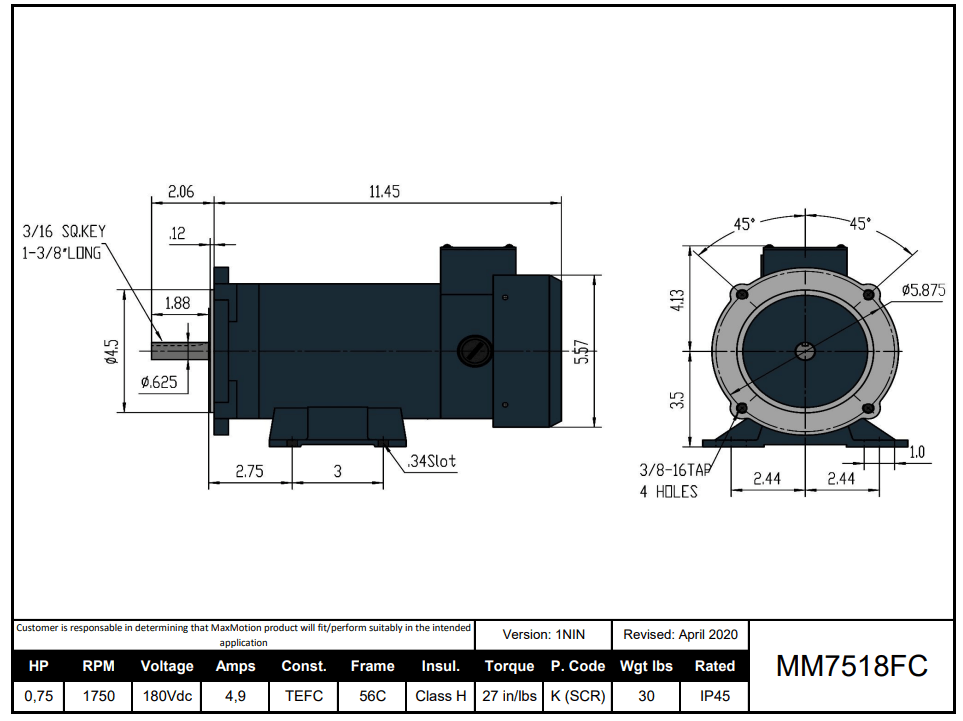 Max Motion MM7518FC | DC Motor 3/4HP, 1750RPM, 180V (DC), Frame 56C, TEFC