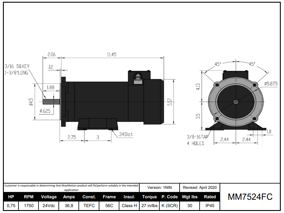 Max Motion MM7524FC | DC Motor 3/4HP, 1750RPM, 24V (DC), Frame 56C, TEFC
