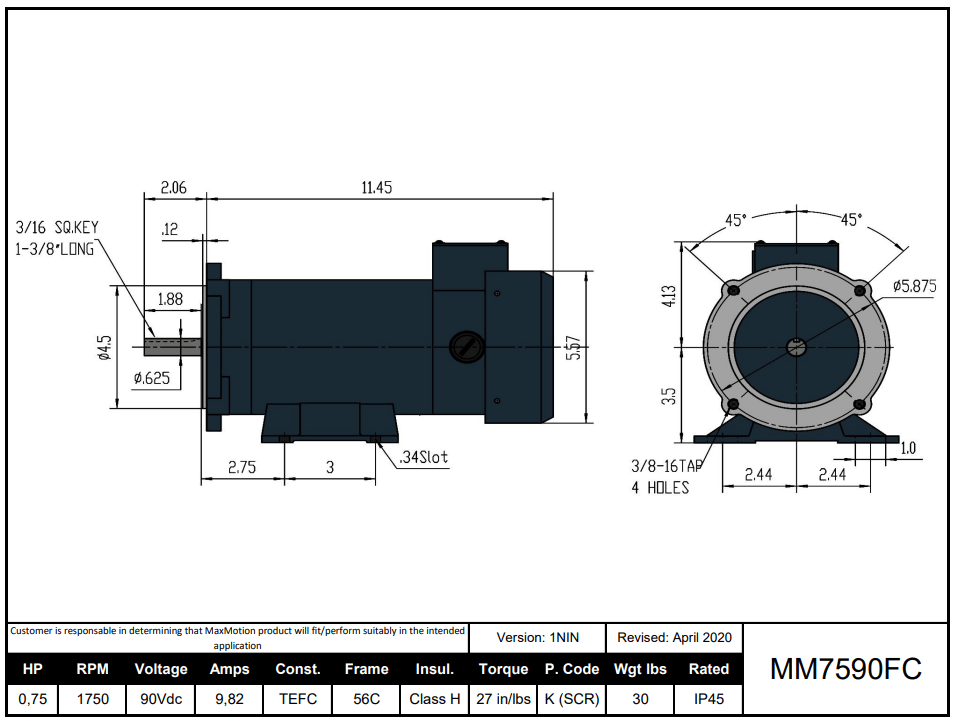 Max Motion MM7590FC | DC Motor 3/4HP, 1750RPM, 90V (DC), Frame 56C, TEFC