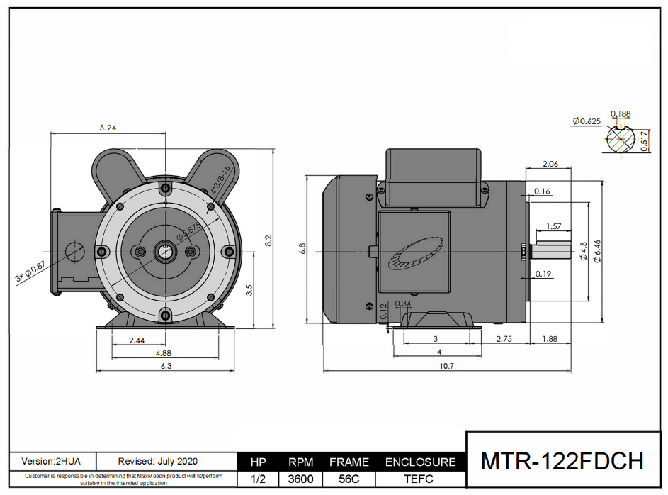 Max Motion MTR-122FDCH | Farm Duty Motor 1/2HP, 3600RPM, 115/208-230V, Frame 56C, TEFC