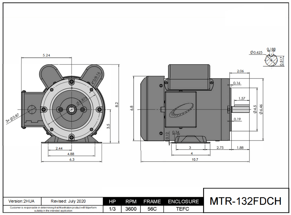 Max Motion MTR-132FDCH | Farm Duty Motor 1/3HP, 3600RPM, 115/208-230V, Frame 56C, TEFC