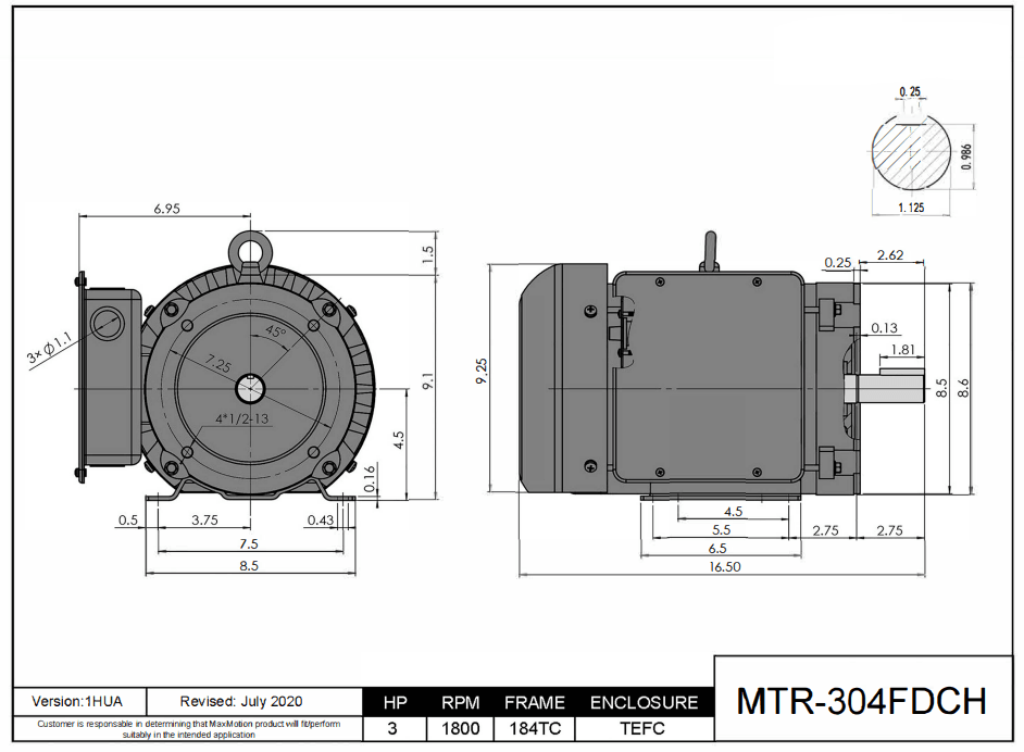 Max Motion MTR-304FDCH | Farm Duty Motor 3HP, 1800RPM, 208-230V, Frame 184T(C), TEFC