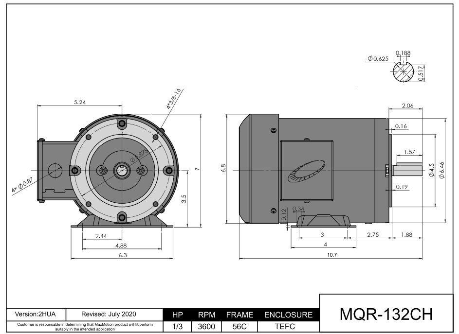 Max Motion MQR-132CH | General Purpose Motor 1/3HP, 3600RPM, 208-230/460V, Frame 56C, TEFC