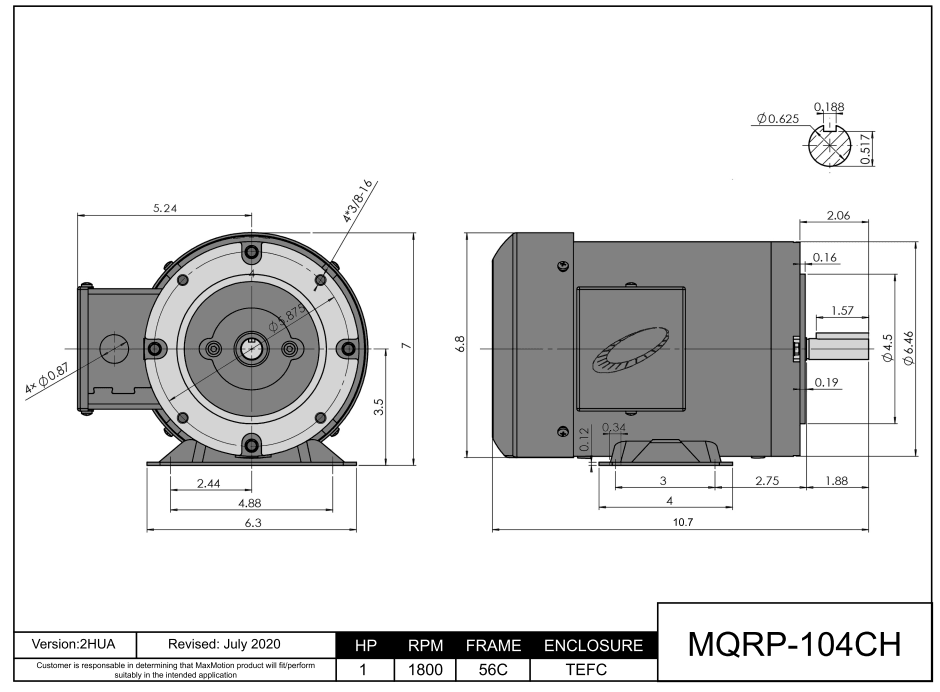 Max Motion MQRP-104CH | General Purpose Motor 1HP, 1800RPM, 208-230/460V, Frame 56C, TEFC