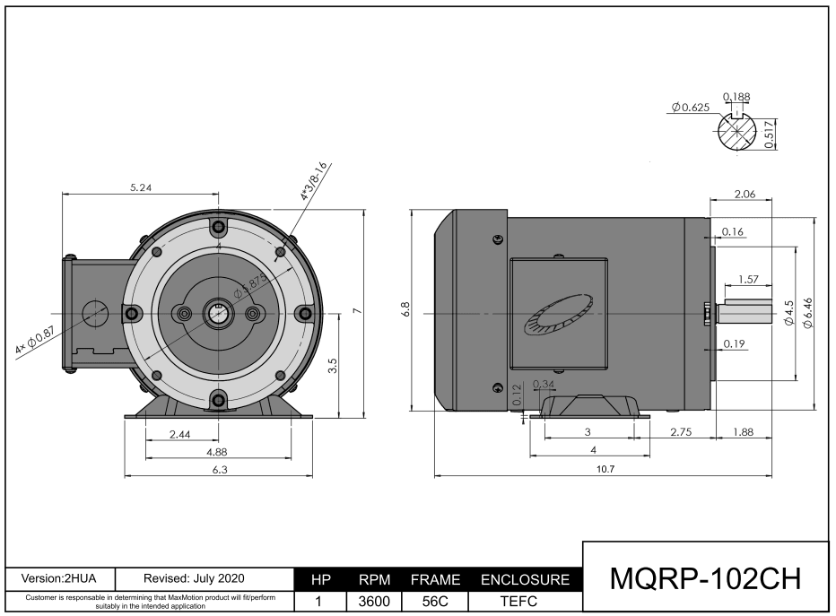 Max Motion MQRP-102CH | General Purpose Motor 1HP, 3600RPM, 208-230/460V, Frame 56C, TEFC