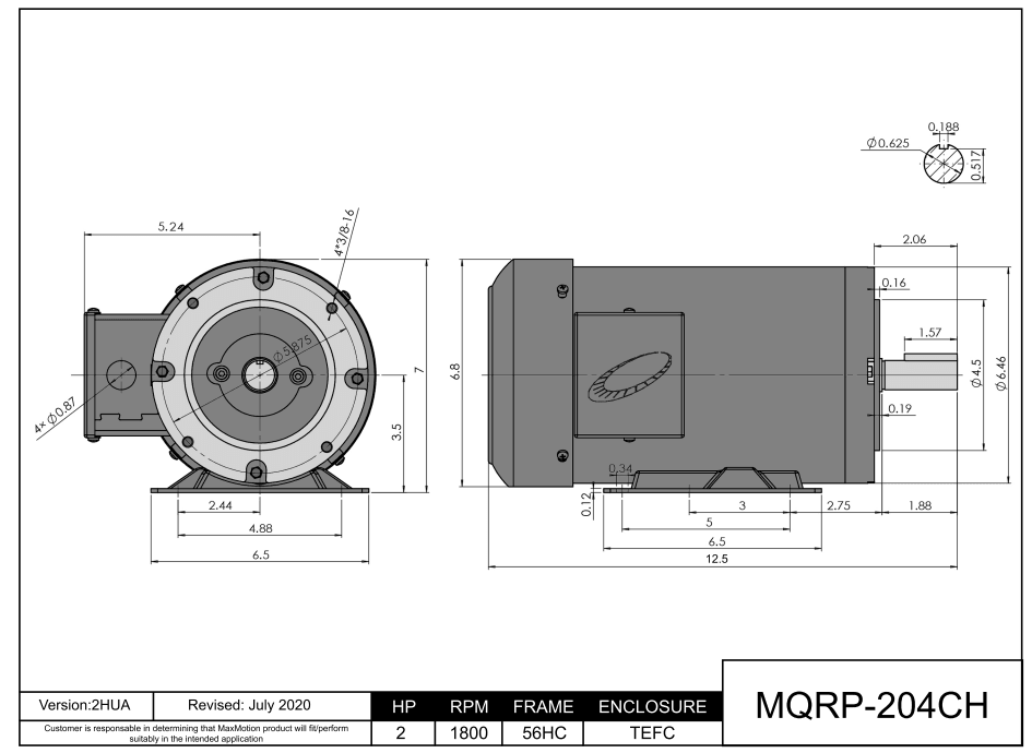 Max Motion MQRP-204CH | General Purpose Motor 2HP, 1800RPM, 208-230/460V, Frame 56HC, TEFC