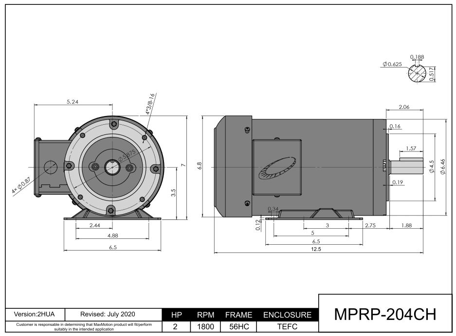 Max Motion MPRP-204CH | General Purpose Motor 2HP, 1800RPM, 575V, Frame 56HC, TEFC