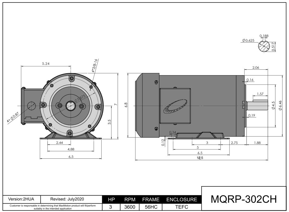 Max Motion MQRP-302CH | General Purpose Motor 3HP, 3600RPM, 208-230/460V, Frame 56HC, TEFC
